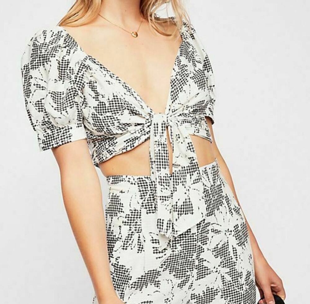 Free People Wrap Top Blouse Black and White Floral Size 4
